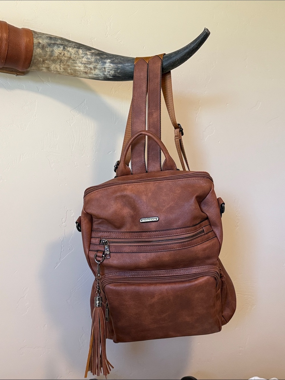Brown Vegan Leather Backpack with Tassel Accent